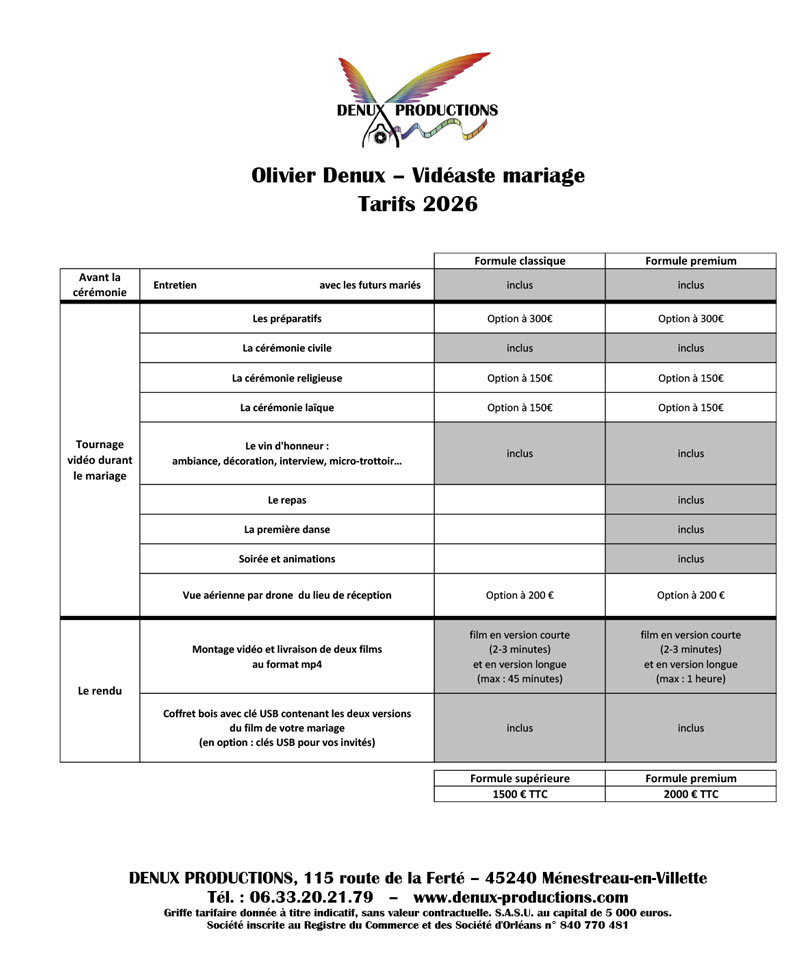 videaste mariage region centre - orleans : grille tarifaire des differentes formules vidéos - film de mariage