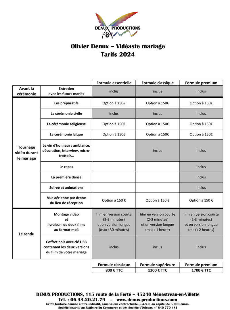videaste mariage region centre - orleans : grille tarifaire des differentes formules vidéos - film de mariage